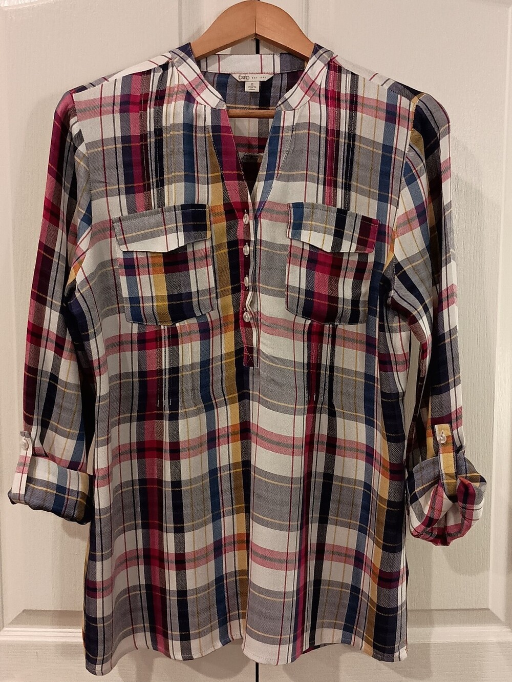 Cato Multicolor Plaid Button-Front Tunic — Navy, Pink, Mustard